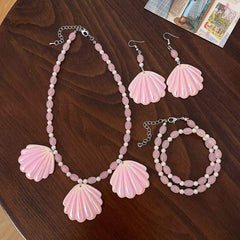 New fashion pink shell beaded jewelry set Bright color small fresh acrylic earring necklace bracelet