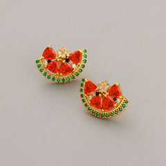 Korea new small fresh watermelon shape inset diamond personality 18K earrings 925 silver needle earrings