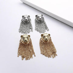 Personality Lion Head stud earrings Long fashion chain Metal pieces tassel earrings Earrings