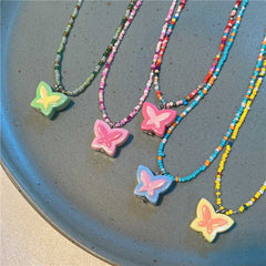 Korea new colorful beaded necklace sweet and cute girl style flowers butterfly necklace