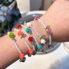 Colorful flower beaded crystal bracelet Sweet and cute girly style flower bracelet