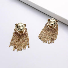 Personality Lion Head stud earrings Long fashion chain Metal pieces tassel earrings Earrings