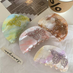 Korean acetic acid clip ins color diamond-encrusting butterfly light luxury minority hair claw back head hair half round shark clip
