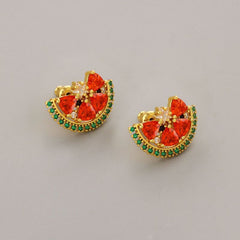 Korea new small fresh watermelon shape inset diamond personality 18K earrings 925 silver needle earrings