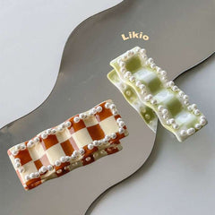 Acetic acid floating pearl wave clip 2023 side clip hair side clip shark checkerboard barrette