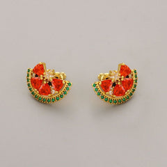 Korea new small fresh watermelon shape inset diamond personality 18K earrings 925 silver needle earrings
