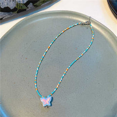 Korea new colorful beaded necklace sweet and cute girl style flowers butterfly necklace