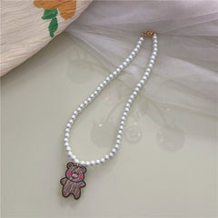 New jelly beaded pearl necklace sweet and cute girly style painted smiley bear necklace