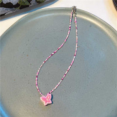 Korea new colorful beaded necklace sweet and cute girl style flowers butterfly necklace