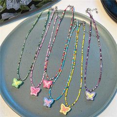 Korea new colorful beaded necklace sweet and cute girl style flowers butterfly necklace