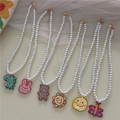 New jelly beaded pearl necklace sweet and cute girly style painted smiley bear necklace