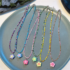 Korea New Colorful Beaded Necklace Sweet And Cute Girl Style Flowers Necklace
