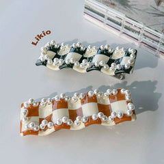 Acetic acid floating pearl wave clip 2023 side clip hair side clip shark checkerboard barrette